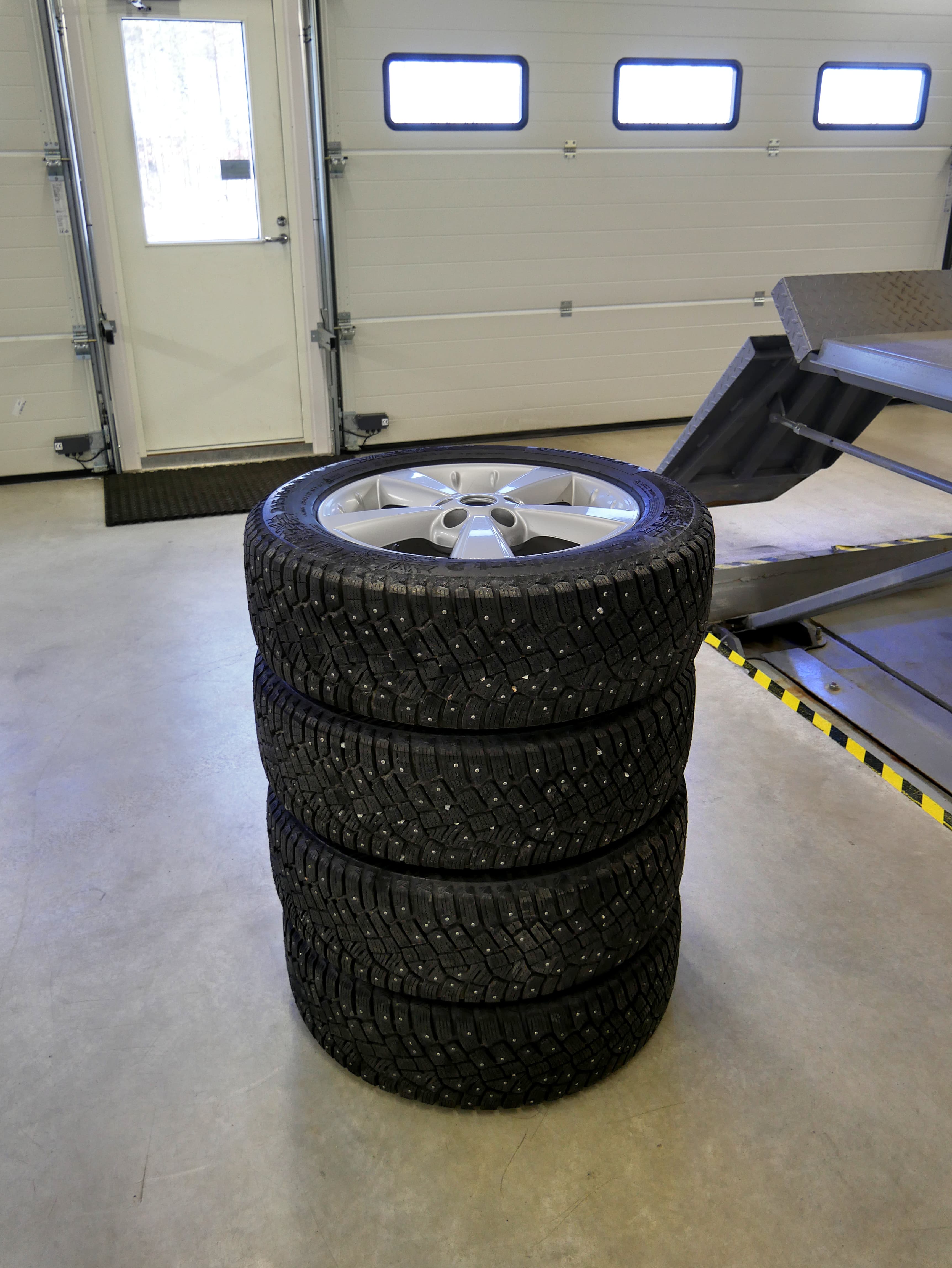 Stack of car tires in a shop