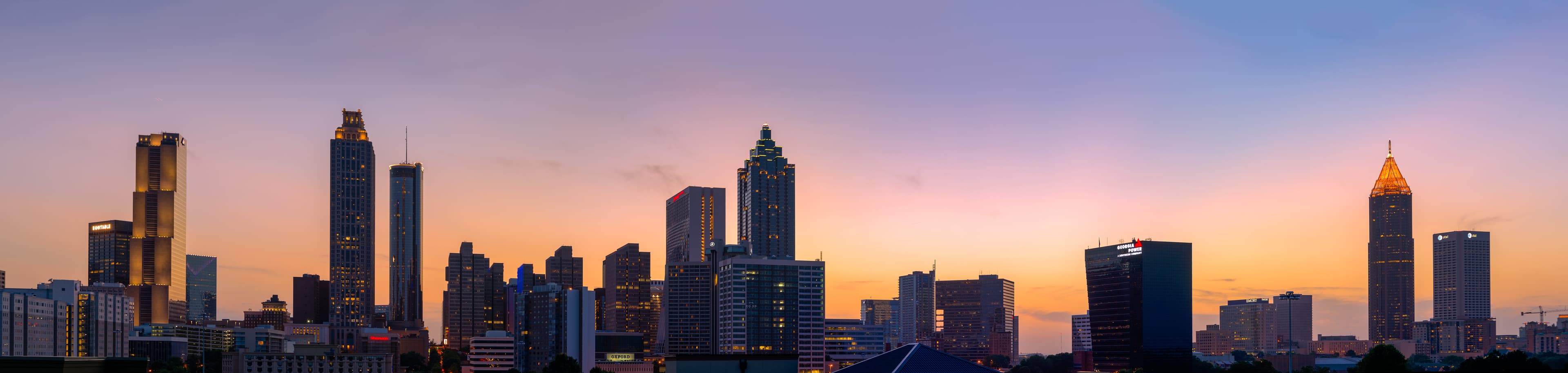 Atlanta skyline with downtown skyscrapers at dusk