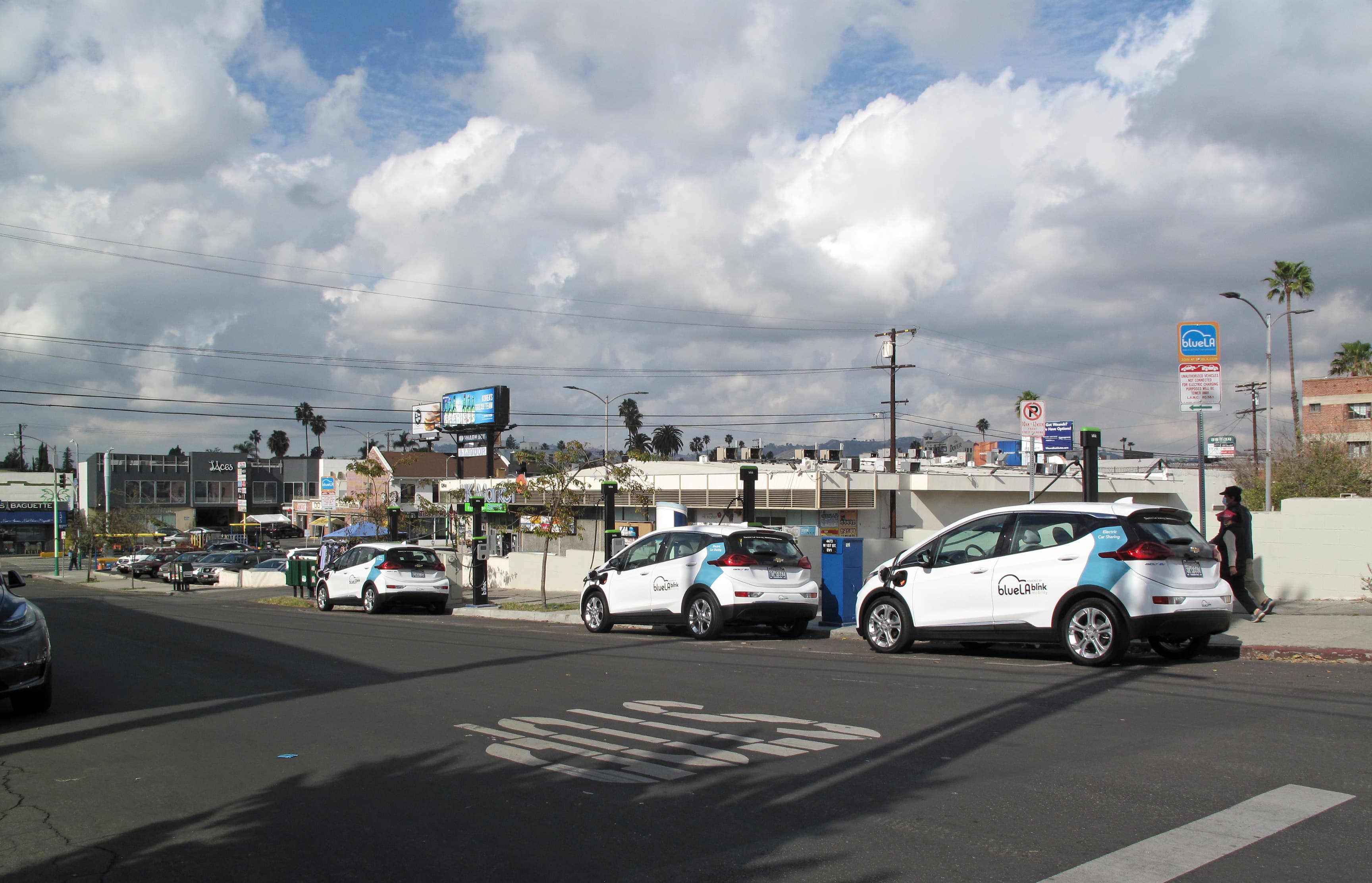 Row of shared city charging posts in Koreatown