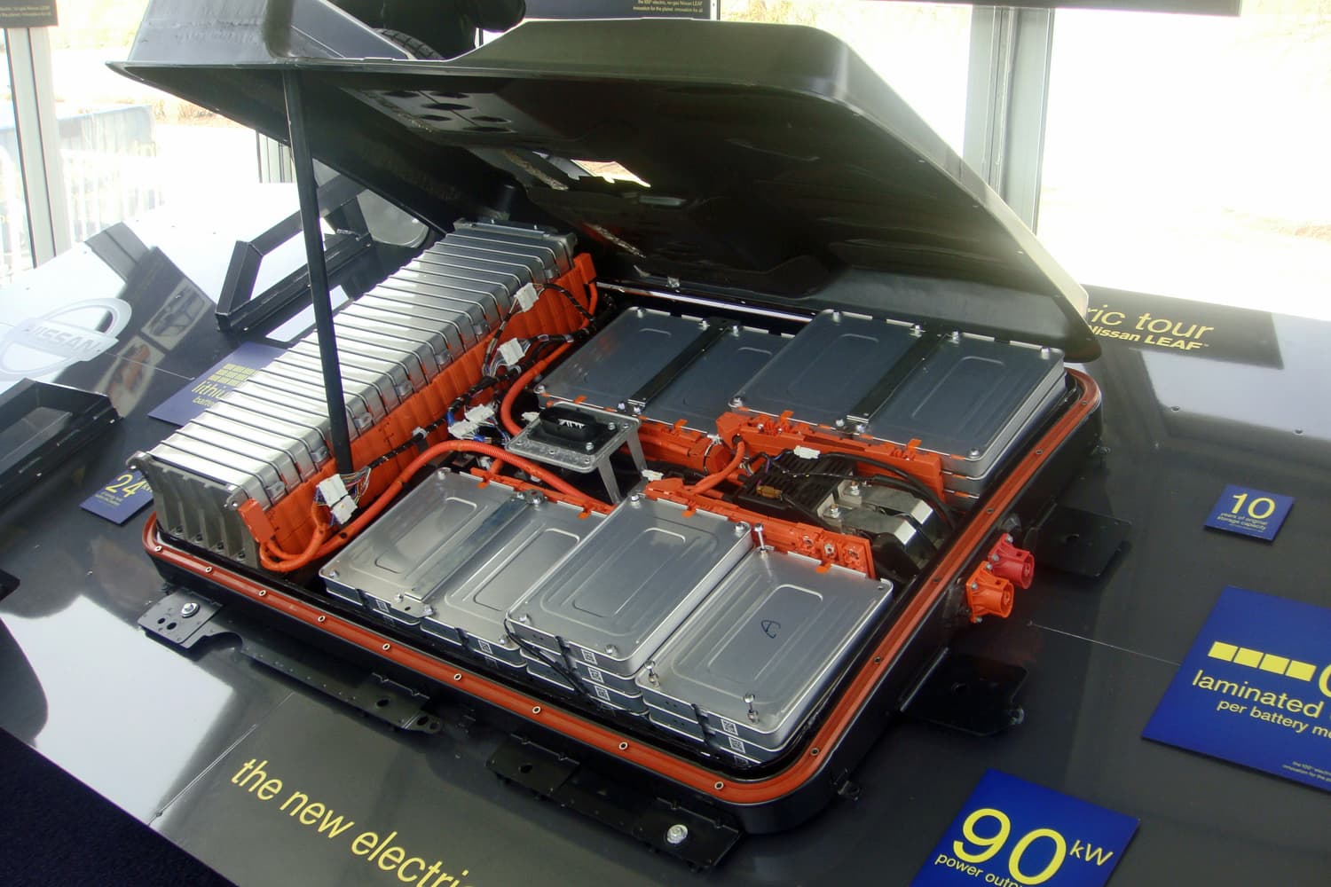 Nissan Leaf battery pack opened for display