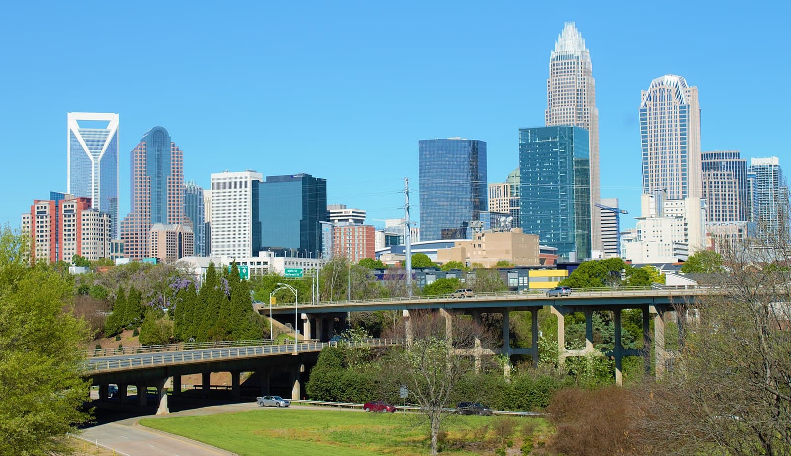 Charlotte skyline with lit office towers
