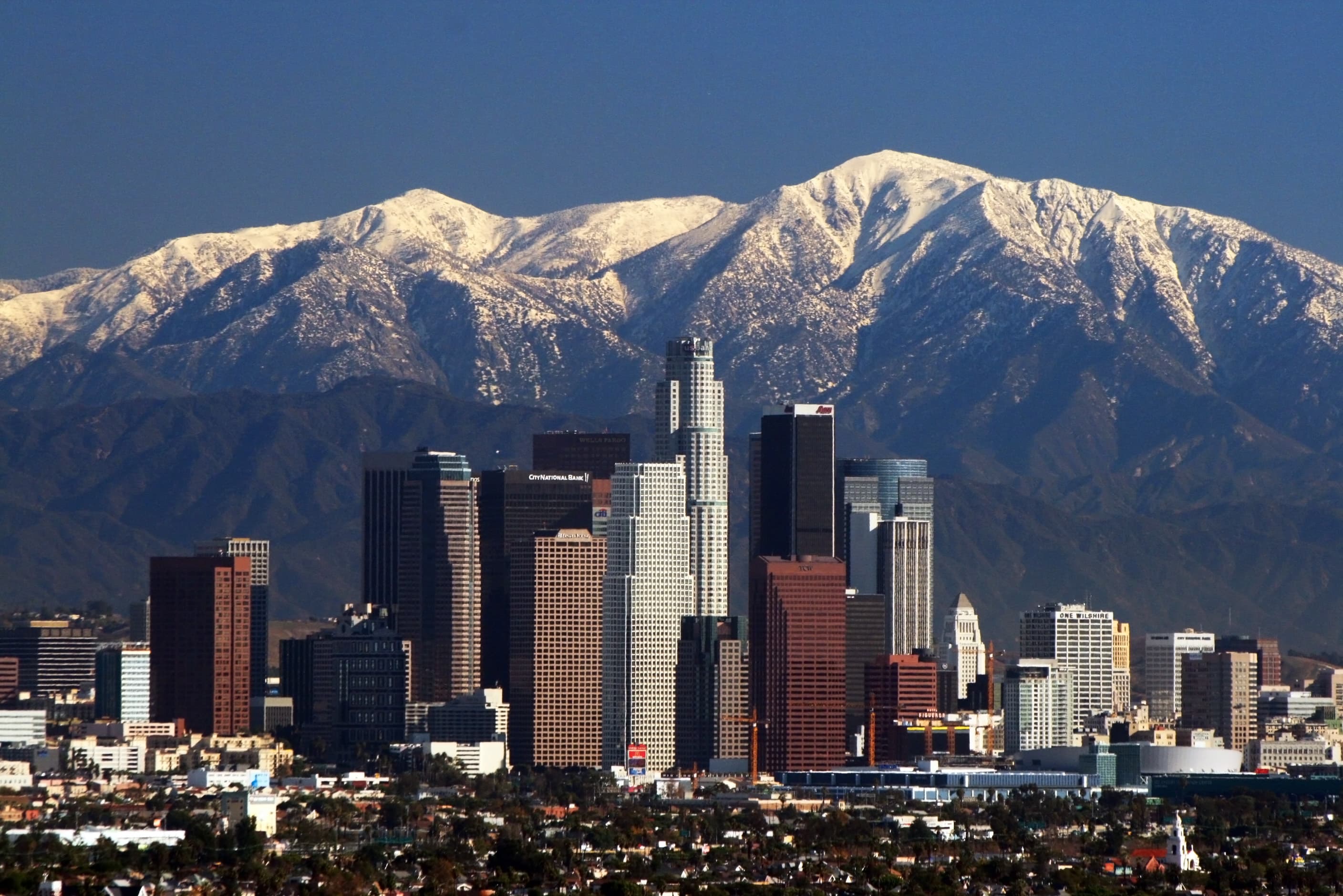 Downtown Los Angeles skyline with mountains in the background