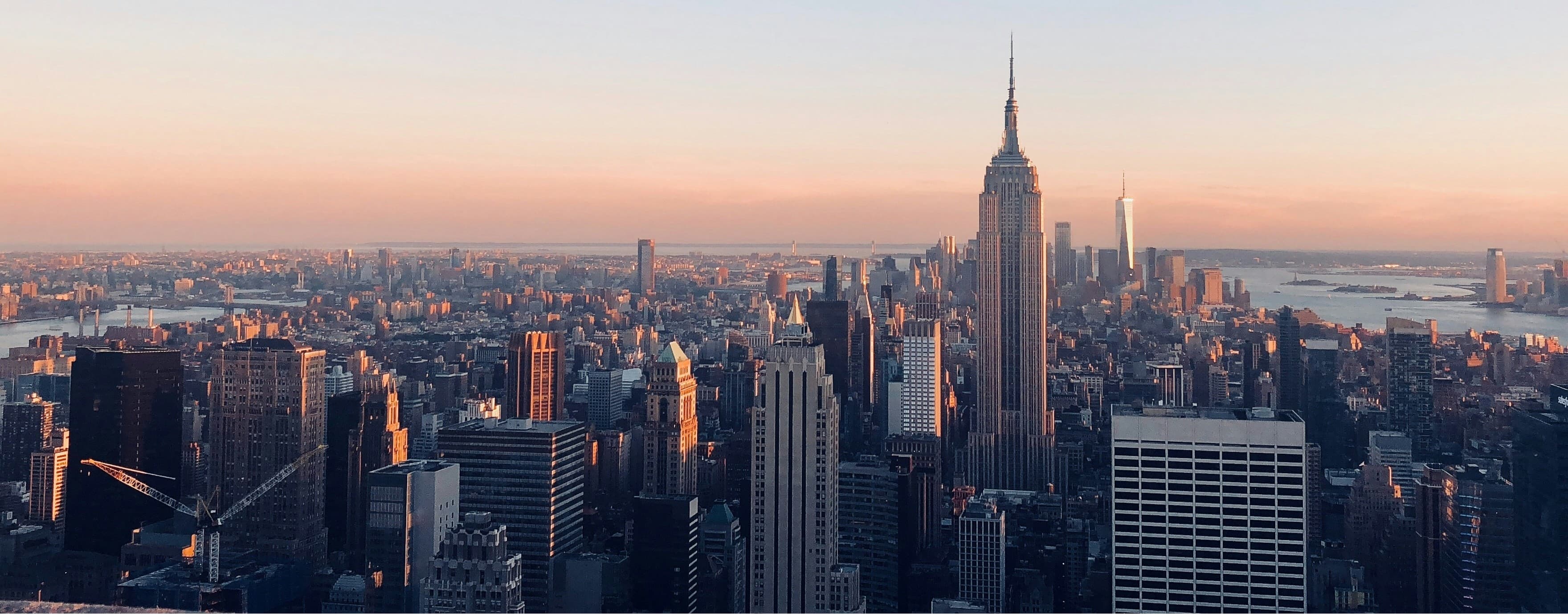 Aerial view of Lower Manhattan skyline over the Hudson River
